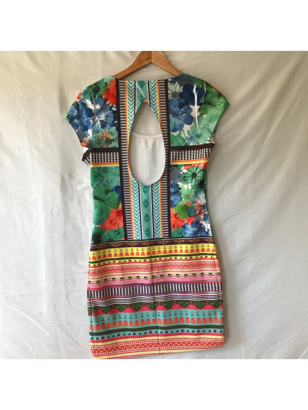 Fire Los Angeles Dress Womens M Colorful Floral Bodycon Keyhole Back Stretch